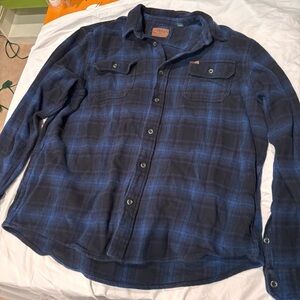 ORVIS Mens XXL Heavy Flannel Shirt Jacket Blue Black Plaid Hand Warmer Pockets